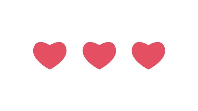 Three red hearts appearing and bouncing on white background. Romantic social media like and love reaction animation.