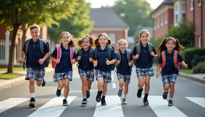 Obraz premium Diverse kids in school uniforms with backpacks joyfully run across crosswalk. Smiling boys and girls head back to school on sunny day. Children walk on pedestrian crossing road.