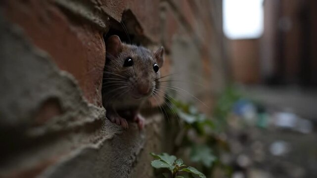 Curious brown rat peeking from hole in red brick wall of urban alleyway environment looking around cautiously