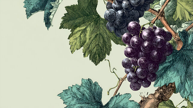 Background with grapes, vine and brunch. Detailed template layout design, brochure or cover for wine card, menu Stock Vector