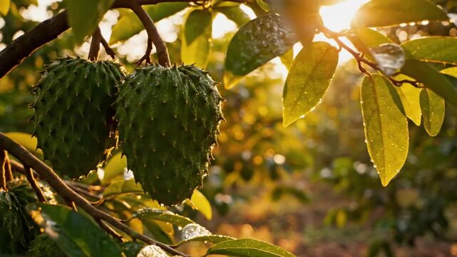 Fresh Soursop Fruit on Tree with Morning Dew and Golden Sunlight