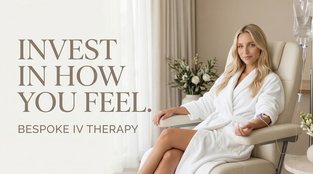 Smiling woman in white robe receives bespoke IV therapy in a light clinic, paired with motivational quote about wellness investment, showing luxury health, self-care, and modern medical spa lifestyle.