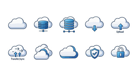 Obraz premium Set of Cloud Computing Icons Representing Data Storage, Transfer, Upload, and Security Features