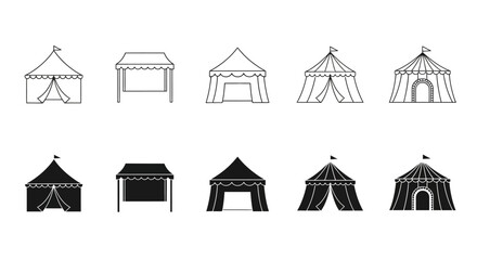 Fototapeta premium Versatile collection of outdoor event tents, featuring carnival, market, and party canopy structures in both outline and solid silhouette vector styles