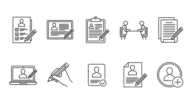 Modern outline icons for professional resume building, job applications, and interview preparation process
