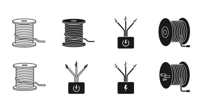 Set of electrical wire spools and cable reels with power icons on a white background