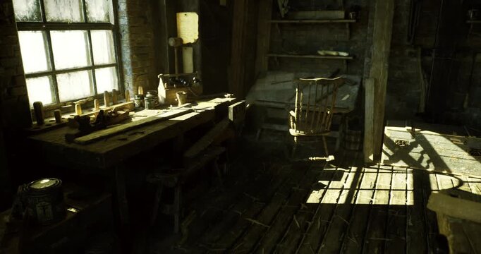sunlit cobbler bench with leather scraps and shoe lasts, dusty lamp and worn tools catch warm rays through grimy window, empty stool and scattered boxes suggest