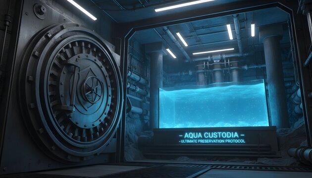 High-tech futuristic laboratory with a glowing blue liquid sample in a secured containment unit