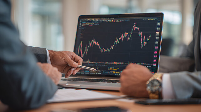 Financial advisor consulting investor explaining financial trade stock data using laptop computer. Professional analyst showing market trends in crypto exchange planning investment at office meeting.