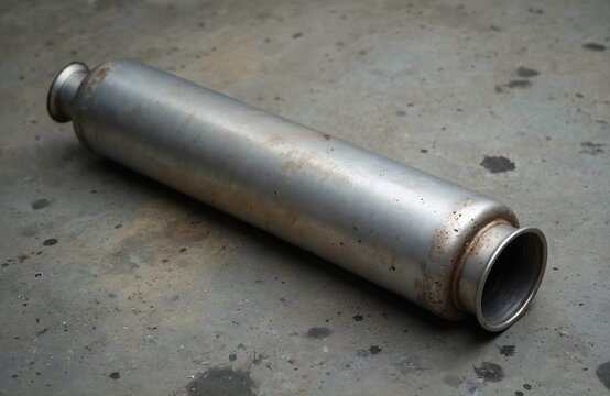 Car exhaust muffler part rests on concrete floor. Metallic auto silencer pipe shows weld seam. Used automotive component on workshop ground.