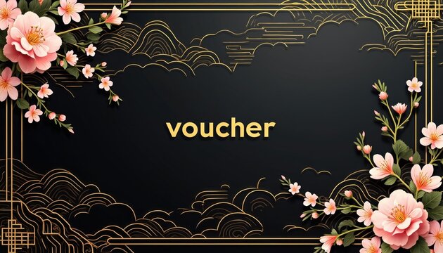 Black and gold oriental voucher template with pink sakura flowers and clouds. Elegant asian design for gift cards coupons invitations and promotions.