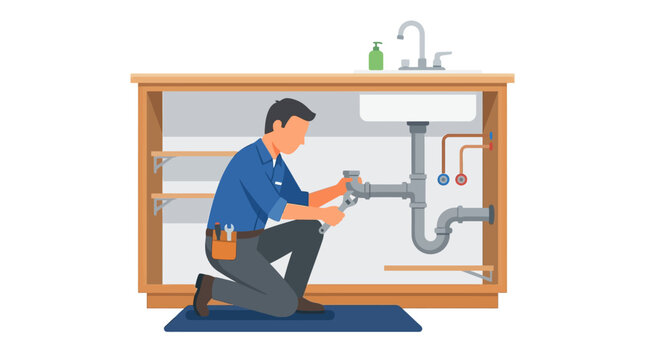Professional Plumber Fixing a Kitchen Sink Pipe with a Wrench, Flat Vector Illustration of Plumbing Maintenance and Repair Services