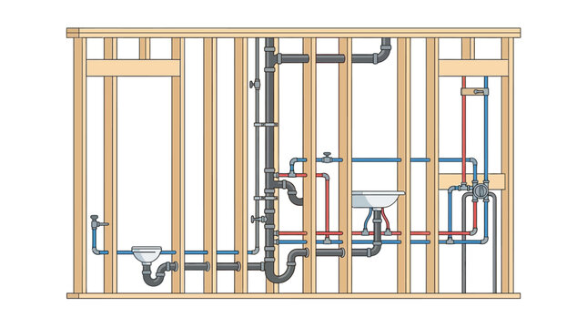 Residential Plumbing System Diagram in Wood Wall Framing with PEX Water Lines and Drain Pipes