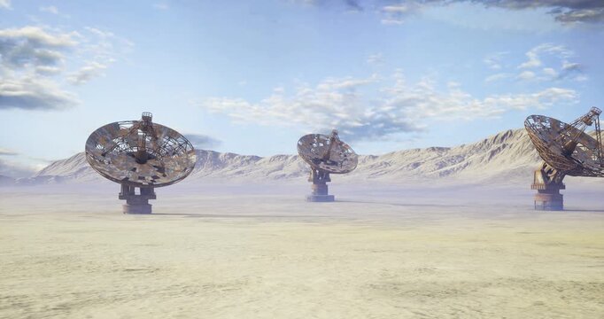 Wide desert communication array under open sky, sculptural parabolic dishes form repeating pattern across flat plain with distant ridgelines, futuristic yet