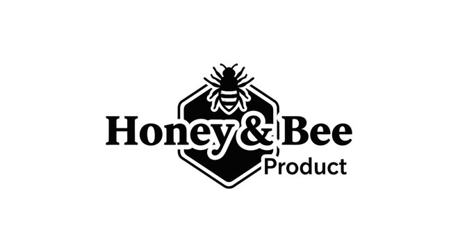 Honey & Bee Product Logo - Bee Emblem with Hexagon Shape and Text