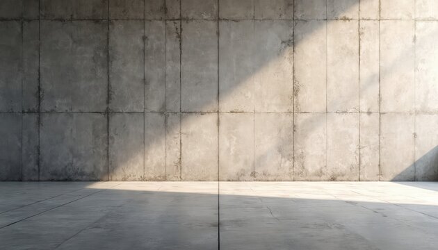 Concrete wall and floor provide neutral background for product display. Sunlight casts shadows across empty space. Use for commercial presentations or studio backdrops.