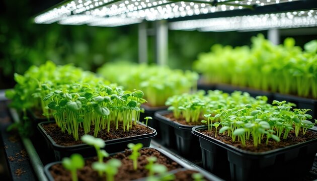 Seedlings grow in trays under bright LED lights in controlled indoor environment. Young plants sprout, ready for urban gardening home farming. Green leaves emerge from soil, indicating healthy plant
