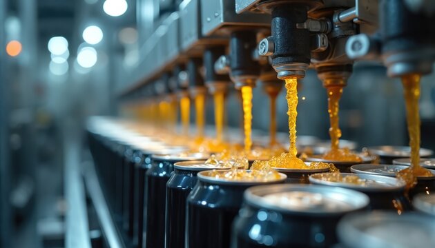 Automated line fills metal cans with golden fizzy liquid. Beverage production process in a factory. Machines work fast filling drinks for mass consumption.