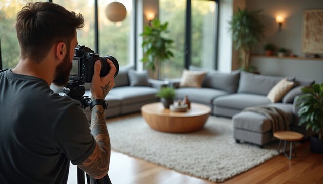 Photographer with tattoos photographs modern living room interior. Man uses DSLR camera on tripod to shoot grey sectional sofa, wooden coffee table, rug, and houseplants.