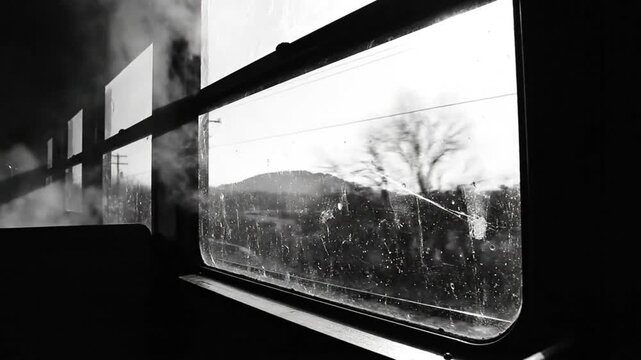 Black and white view from train window of mountain and trees with steam rolling by on a cold day