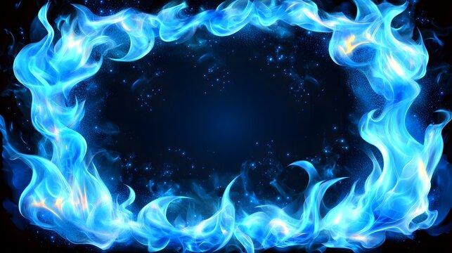 Bright blue flames form a rectangular border against a dark background.