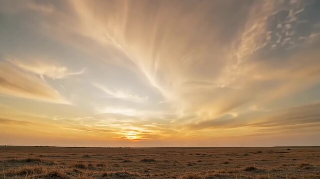 Golden dramatic sunset with layered clouds glowing orange and red, slow cinematic cloud movement, epic atmospheric mood, 4k
