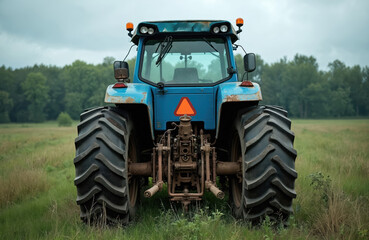 Obraz premium Old blue tractor rests in grassy field. Large rear tires indicate heavy farm work. Rural landscape with trees under cloudy sky awaits machine repair.