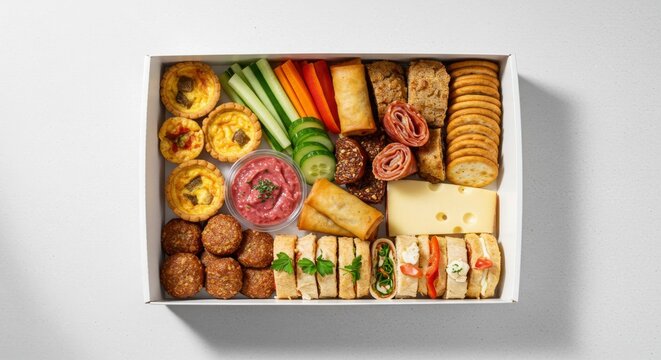 Assorted Savory Snack Box with Mini Quiches, Spring Rolls, and Cheese