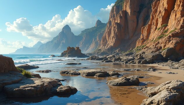 Rugged cliffs meet ocean shore with tide pools reflecting blue sky and white clouds. Rocky beach with sand and water. Mountainous landscape backdrop.