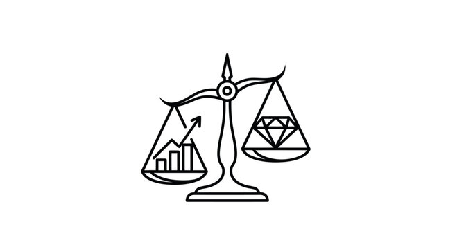 Scales of justice balancing financial growth chart and diamond