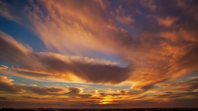 Golden dramatic sunset with layered clouds glowing orange and red, slow cinematic cloud movement, epic atmospheric mood, 4k