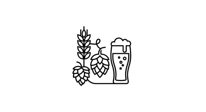 Beer icon with hops and barley for brewing process, outline vector illustration