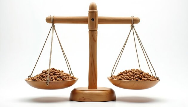 Wooden balance scale holds identical portions of small brown pellets. The classic measuring device is poised equally against a clean white background. This represents fairness and even distribution.