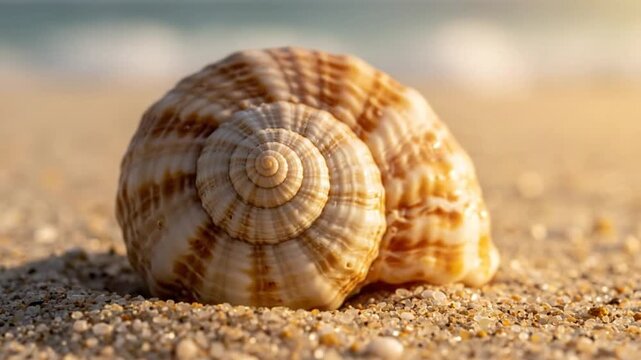 Close-up of a spiral seashell resting on a sandy beach illuminated by the golden sunlight