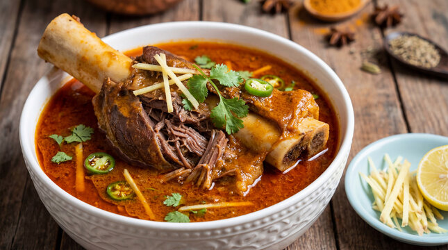 A bowl of flavorful nihari, a popular pakistani slowcooked stew made with tender lamb shanks, bone marrow, and aromatic spices, garnished with fresh cilantro and ginger
