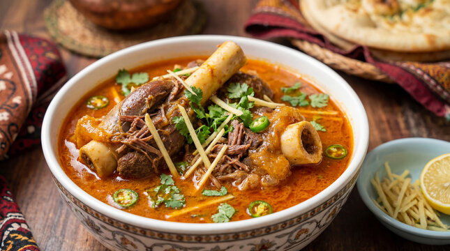 A bowl of traditional pakistani nihari dish with meat and bone marrow in a rich orange sauce garnished with herbs and spices on a wooden table