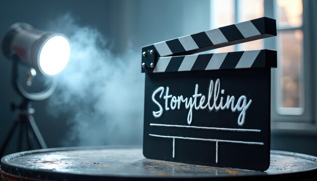Film slate with word Storytelling sits on table beside studio light. Camera setup prepares for filming scene. Movie production concept and creative process.