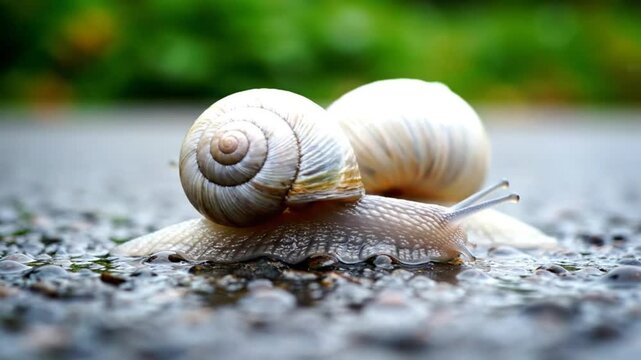 Close-up of two snails moving slowly on a wet asphalt surface with green bokeh background