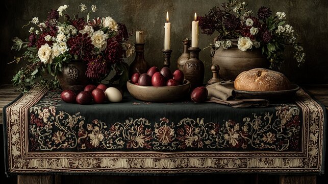 Romanian cozonac, painted eggs, lit church candles, and spring flowers on an heirloom tablecloth, traditional Orthodox Easter feast styling, gentle natural daylight