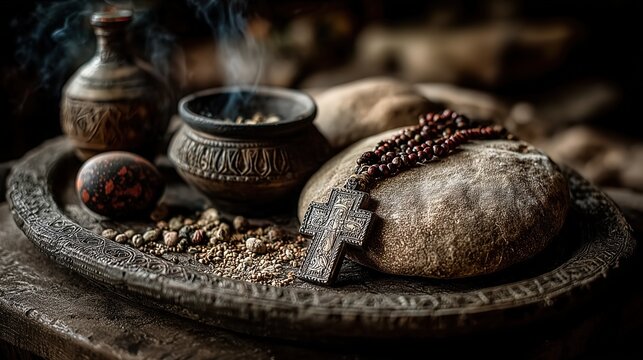 Serbian Easter bread, onion-skin dyed eggs, incense smoke, and silver cross pendant beside a ceramic dish, intimate sacred domestic setting, soft side light