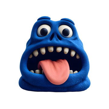 A fuzzy blue 3D monster character with a long drooling tongue isolated on a white background