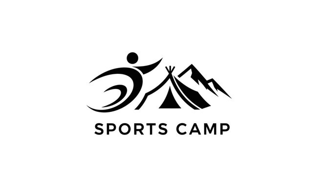 Sports Camp Logo: Active Person, Tent, Mountains