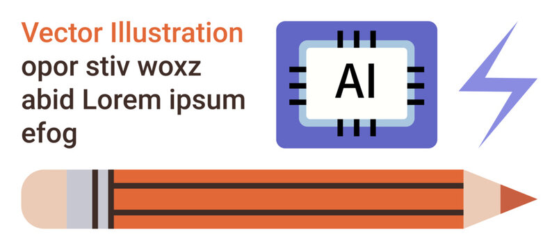 Artificial intelligence, creativity, technology tools, innovation, design concept, education. Microchip labeled AI, a pencil and a lightning bolt icon. Artificial intelligence and creativity concept