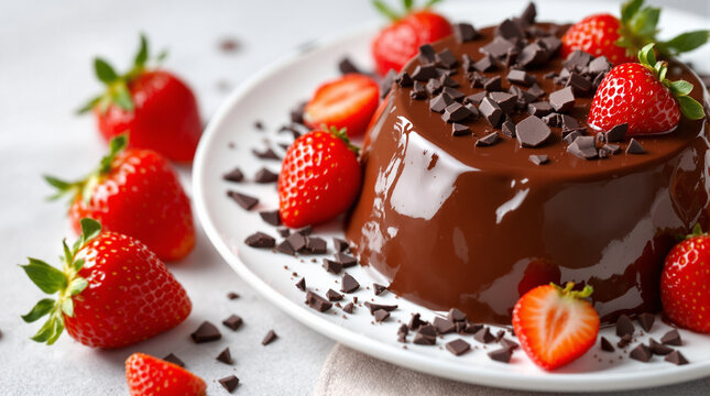 close up of chocolate pudding with chocolate powder sprinkles and strawberry topping