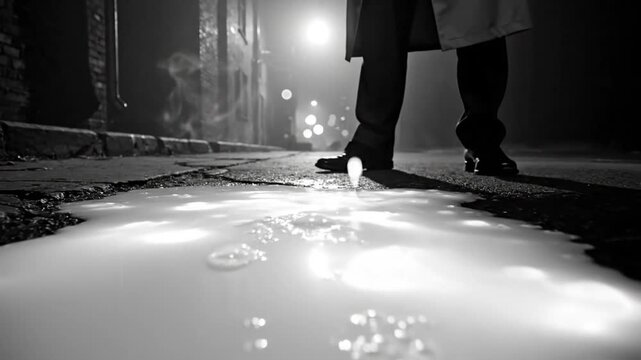 Low angle monochrome shot of a puddle reflecting the streetlights as a man stands on the sidewalk in an alley at night