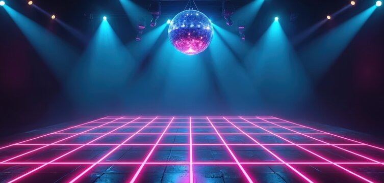 Nightclub dance floor grid illuminated by neon pink lights. Disco ball hangs above, reflecting blue spotlights on dark walls. Retro atmosphere evokes party vibes.