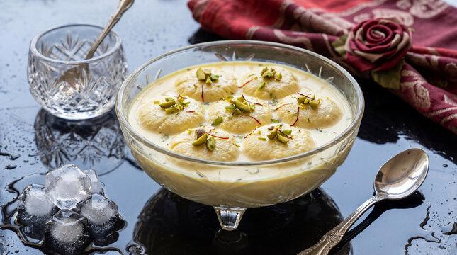 A glass bowl of traditional indian dessert ras malai in a creamy sauce with saffron and pistachio toppings on a black reflective surface with ice cubes and a spoon
