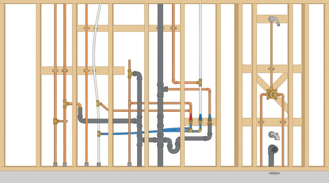 Schematic Illustration of Residential Indoor Plumbing System with Copper and PVC Pipes inside Wooden Wall Studs - Home Construction and Renovation Concept