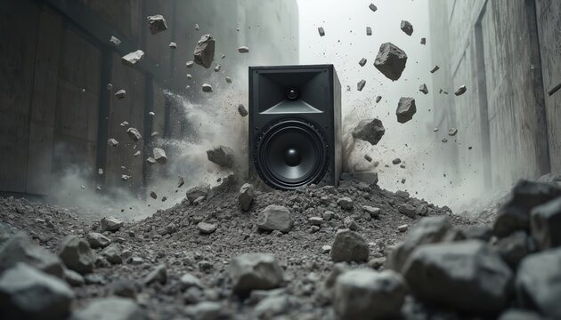 Large speaker sits amid rubble and dust. Rocks fly through the air around the sound device. Concrete walls form a gritty background. Loud sound impact concept.
