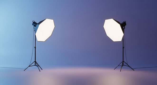 Two studio softbox lights on stands illuminating a gradient blue and purple background, setup for photography or videography